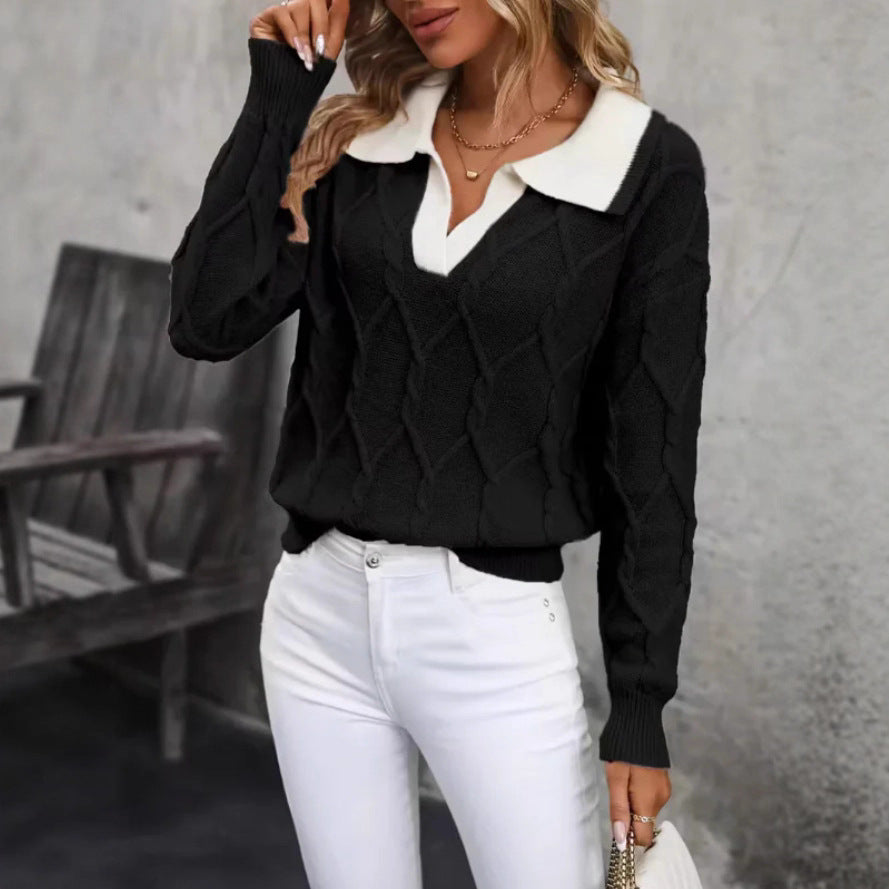 Pull en maille pour femme avec col polo classique et texture en diamant Chic & Stil