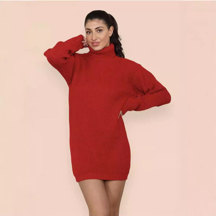 Oversized knit dress for women with a high collar and decorative ribbing design Lune London