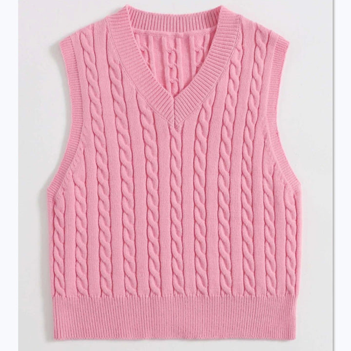 Knitted vest for women with V-neck and twisted pattern Lune London