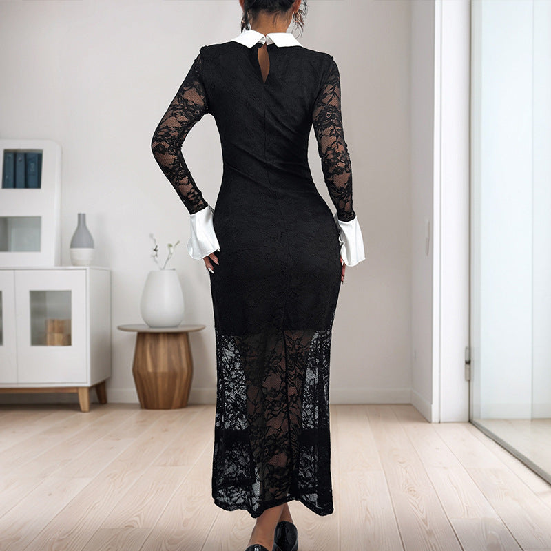 Elegant midi lace dress for women with contrast collar Lune London