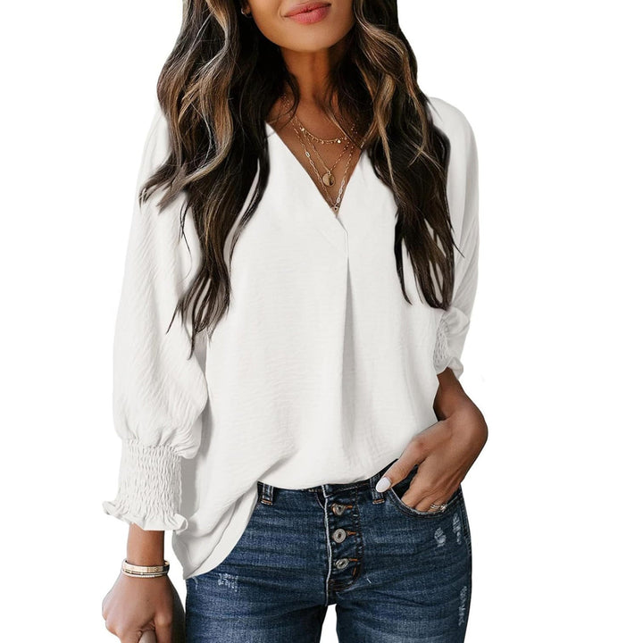 Women's V-Neck Blouse with Casual Balloon Sleeves and Ruffle Details Chic und Stil