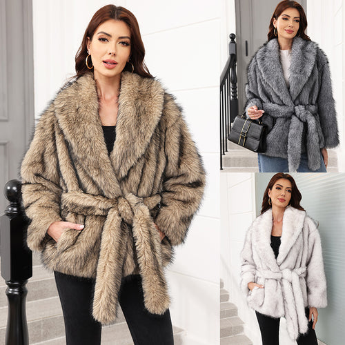 Ladies Elegant Faux Fur Coat with Belt and Wide Lapels Lune London