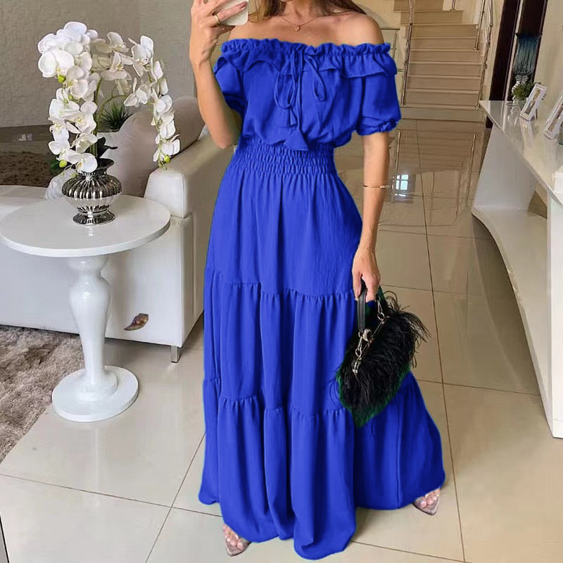 Women’s maxi dress with off-shoulder design and voluminous ruffles Lune London
