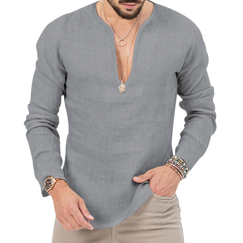 Men's casual linen shirt with deep V-neck and comfortable fit Lune London