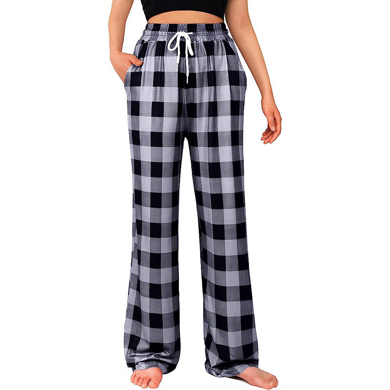 Ladies Comfortable Checkered Pants with Elastic Waist and Side Pockets Lune London