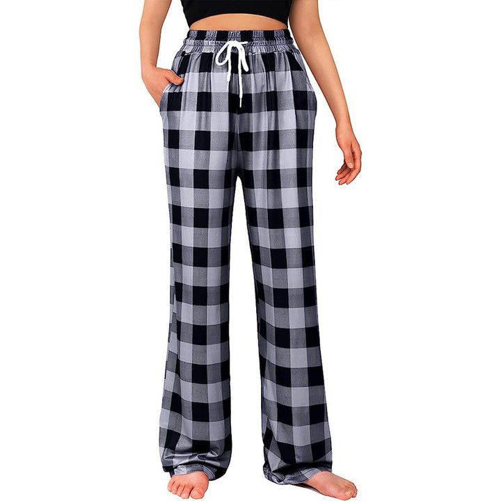 Ladies Comfortable Checkered Pants with Elastic Waist and Side Pockets Lune London