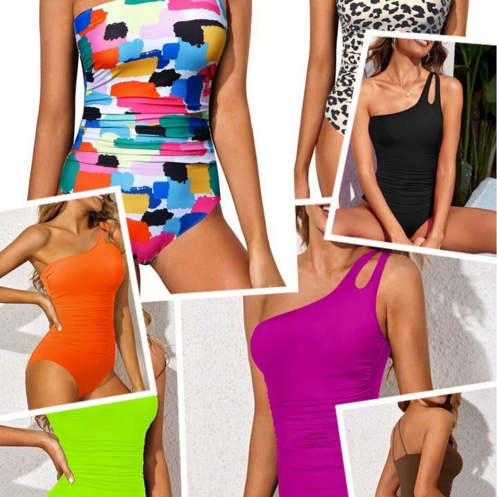 Women One-Shoulder Swimsuit with Ruching and Trendy Leopard Print Lune London