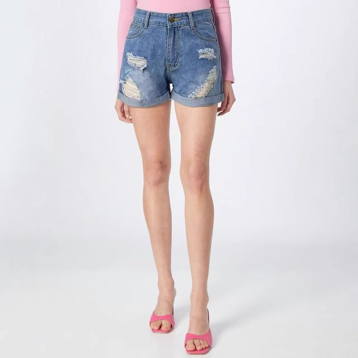 Women's destroyed denim shorts with high waist and stylish frayed look Lune London