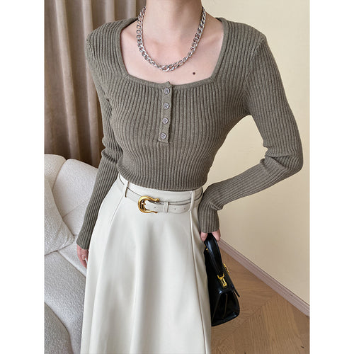 Women's Long Sleeve Ribbed Knit Top with Button Placket Chic & Stil