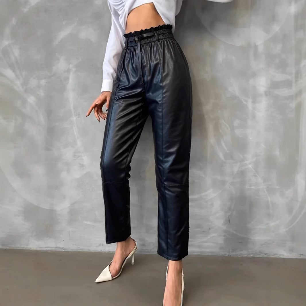High-waisted faux leather pants for ladies with belt Lune London