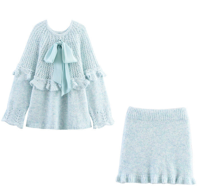 Elegant ladies knitted outfit with ruffles and bow accents Lune London