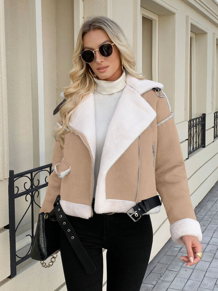 Trendy motorcycle jacket for women with faux leather details and a warm faux fur lining Lune London