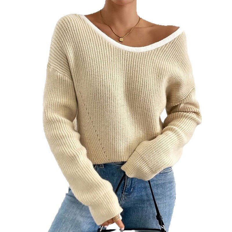 Pull-over en tricot pour femmes avec un col en V et des nœuds décoratifs autour
