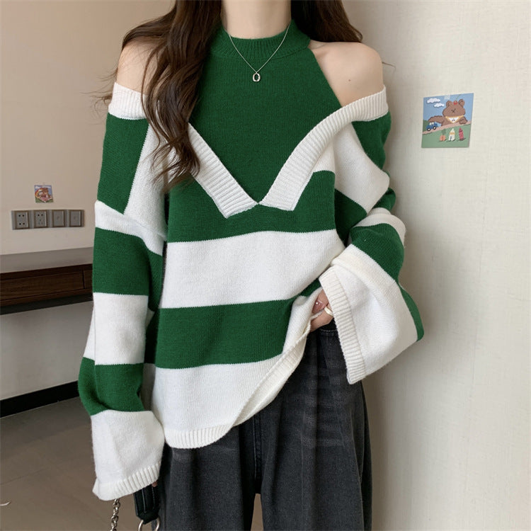 Ladies Oversized V-neck Pullover with trendy striped pattern and open shoulder design Lune London