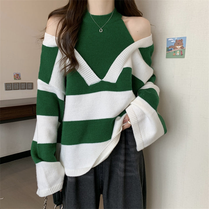 Ladies Oversized V-neck Pullover with trendy striped pattern and open shoulder design Lune London