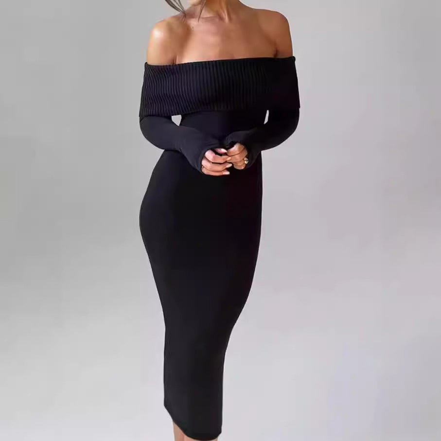 Fitted maxi dress for women, off-the-shoulder neckline, with long sleeves Lune London