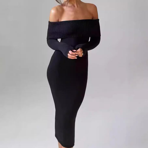 Fitted maxi dress for women, off-the-shoulder neckline, with long sleeves Lune London