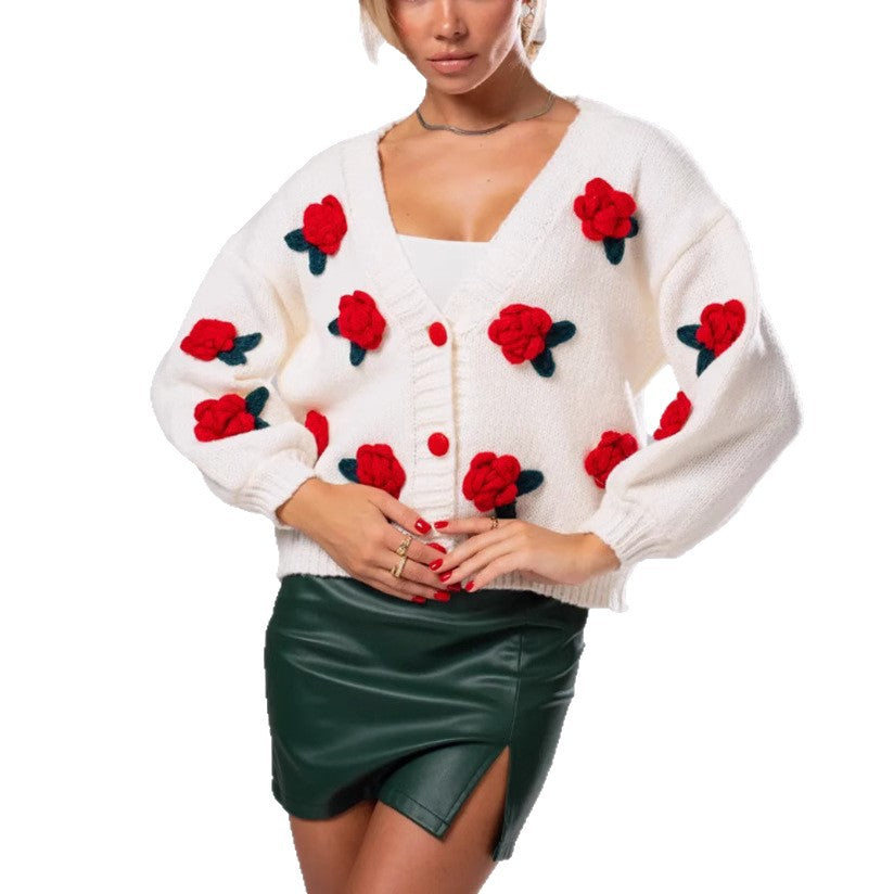 Ladies Cozy Wool Sweater with Floral Applications and Oversized Cut Lune London