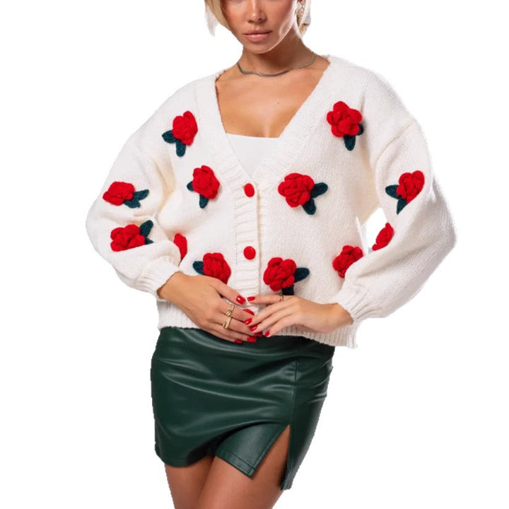 Ladies Cozy Wool Sweater with Floral Applications and Oversized Cut Lune London