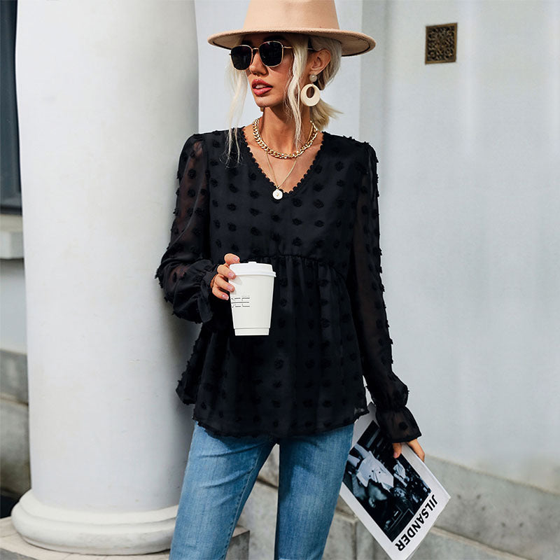 Elegant puff sleeve blouse for women with textured polka dot pattern Lune London