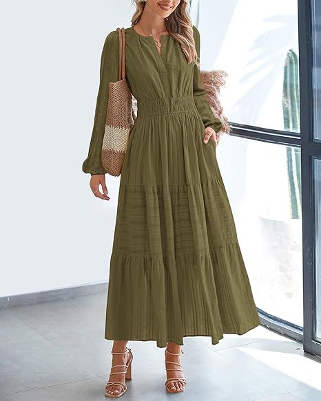Maxi dress for women with elegant sleeves and refined elastic at the waist Lune London