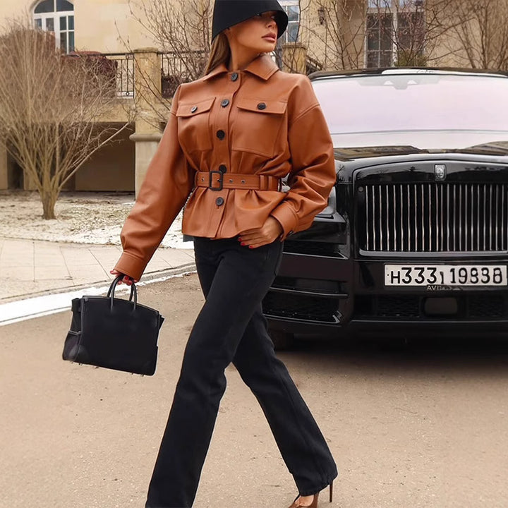 Faux leather jacket for women with fitted cut and belt Lune London
