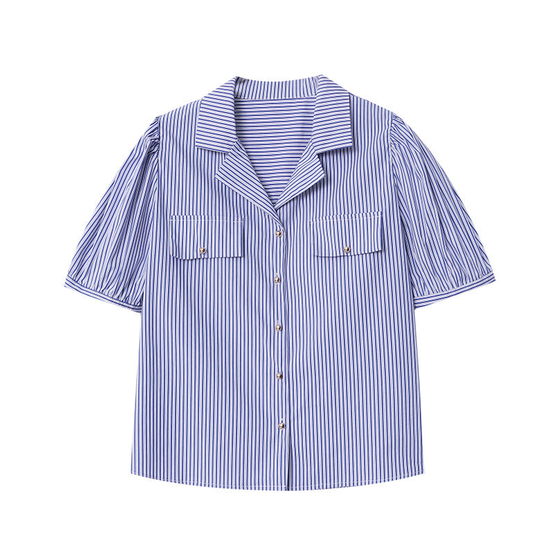 Women's short sleeve blouse with subtle striped pattern and decorative button details Chic & Stil