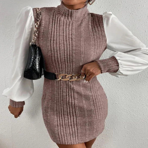 Knit dress for women with elegant puff sleeves and a high collar Lune London