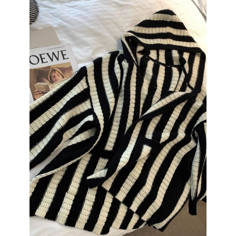 Ladies oversized knit poncho with graphic stripe pattern Lune London