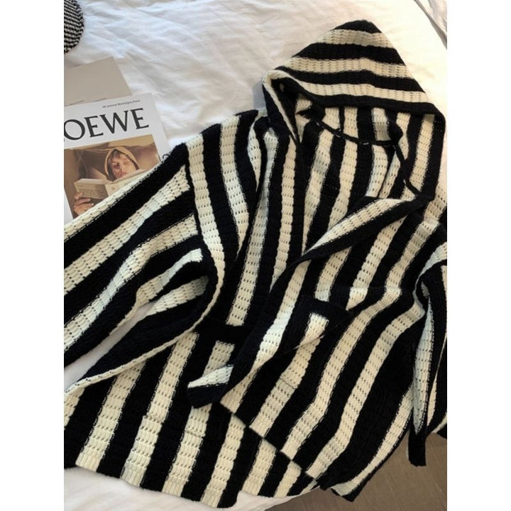 Ladies oversized knit poncho with graphic stripe pattern Lune London