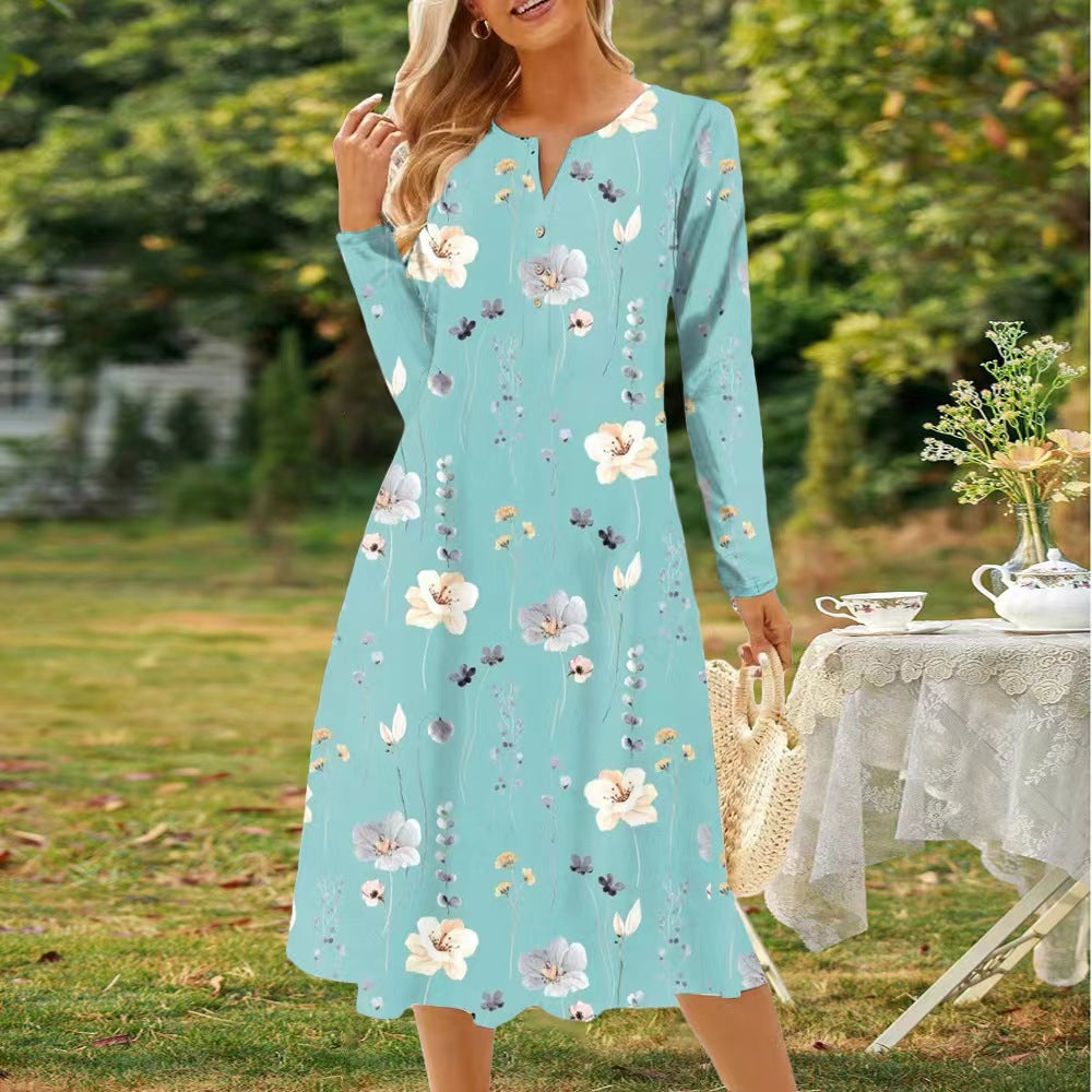 Long sleeve dress for women with a floral design and a button closure all the way down Lune London