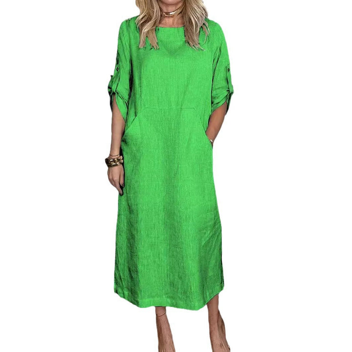 Women's Casual Linen Midi Dress with Side Pockets and Roll-Up Sleeves Chic & Stil