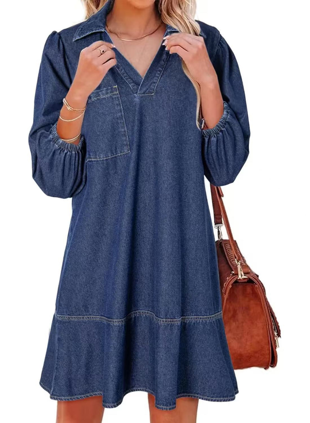 Denim dress for women with voluminous sleeves and a side pocket Lune London