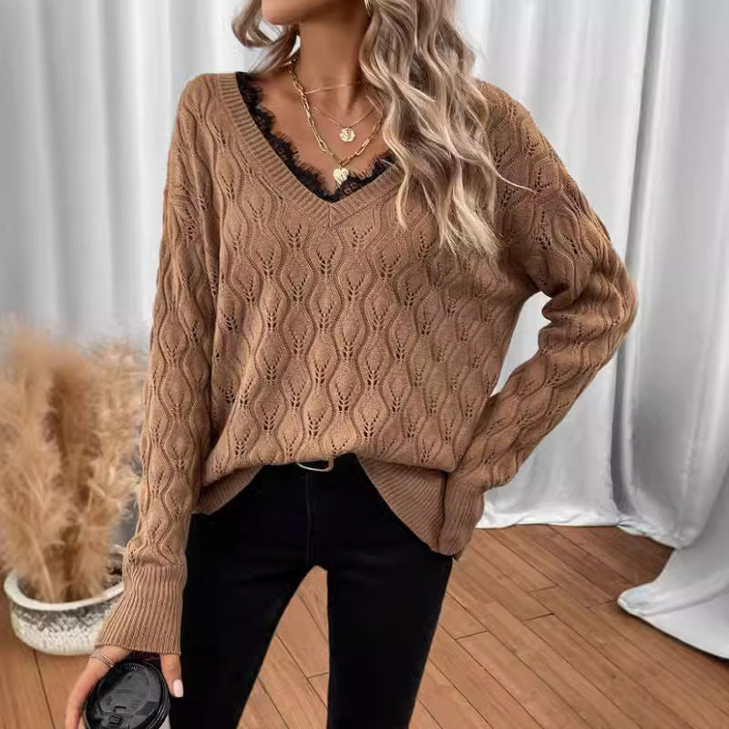 Knit sweater for women with elegant V-neck and fine lace structure Lune London