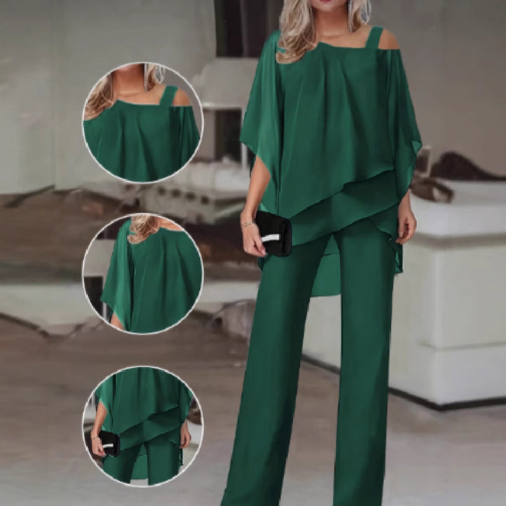 Ladies Elegant Two Piece Set with Fluid Top and Chic Flared Pants