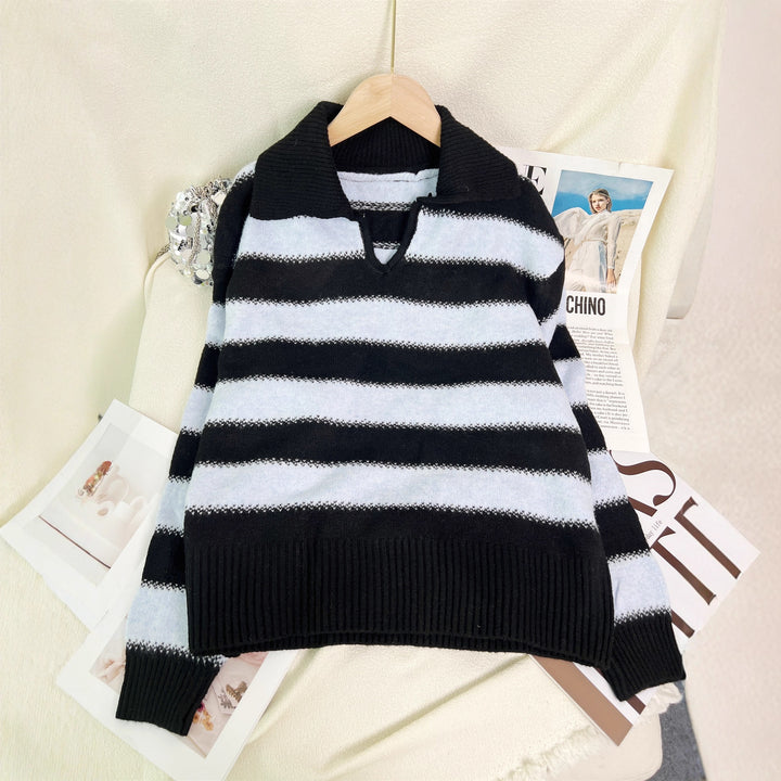Pull rayé pour femmes avec col polo moderne et taille élastique Chic & Stil