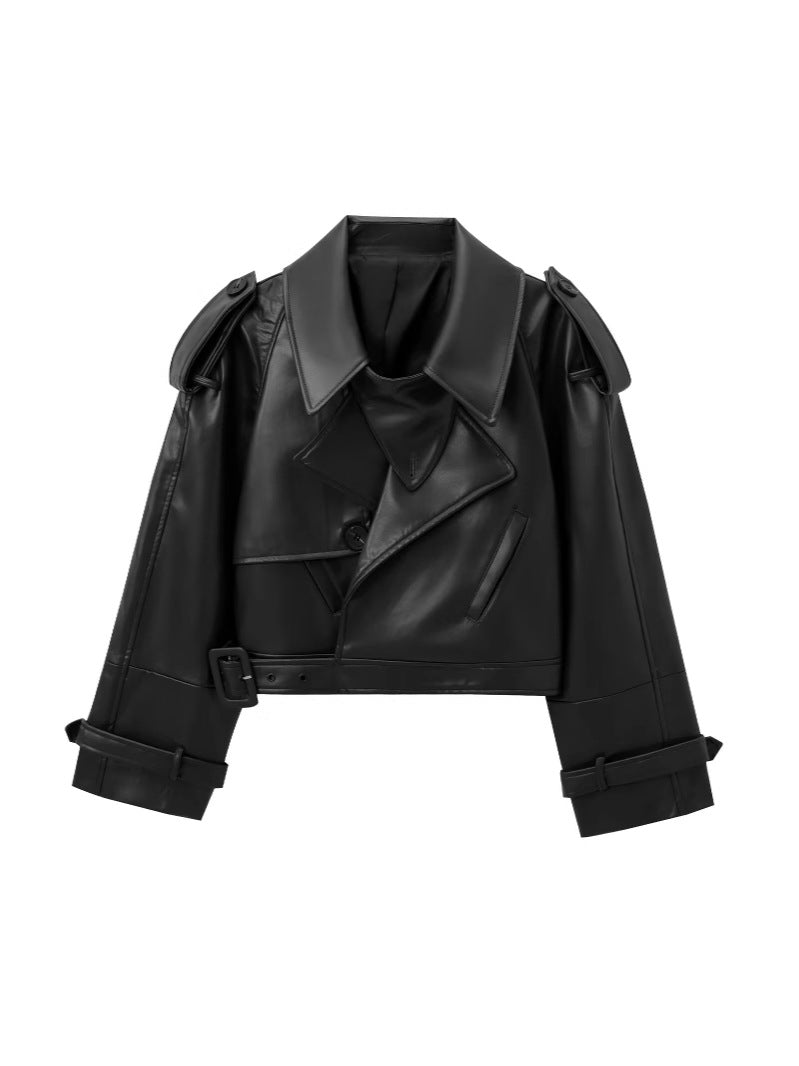 Women's Cropped Leather Motorcycle Jacket with Asymmetric Lapel Lune London