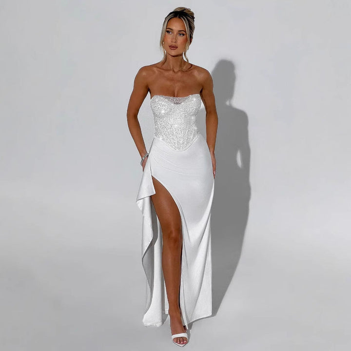 Ladies Elegant Evening Dress with Shimmering Top and High Slit Lune London