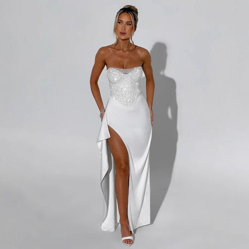 Ladies Elegant Evening Dress with Shimmering Top and High Slit Lune London