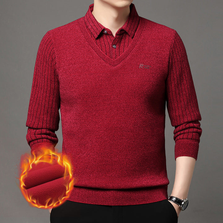 Elegant V-neck sweater for men with structured sleeves and a classic shirt collar Lune London