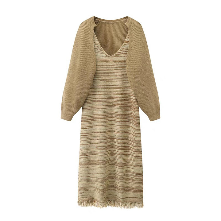 Knitted dress for women with wide U neckline and fringe hem Lune London