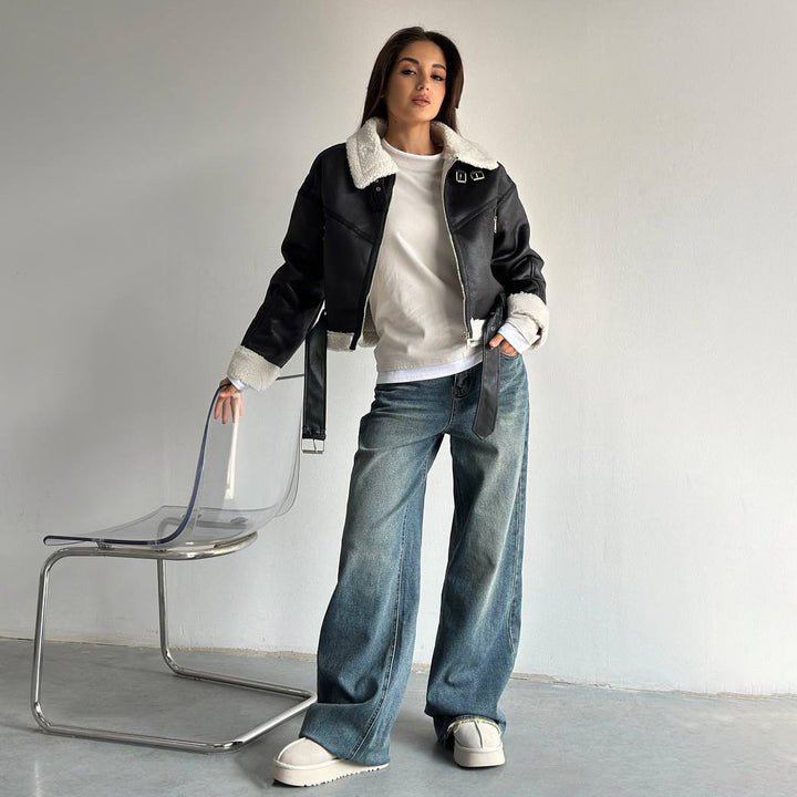 Faux leather jacket for women with high-quality fleece lining and sculpting belt Lune London