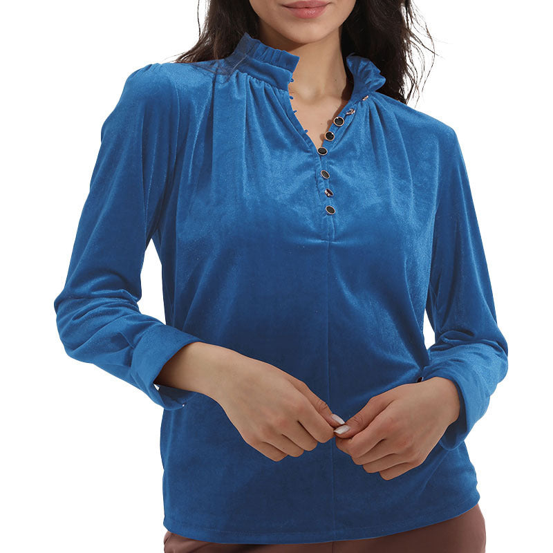 Ladies Elegant velvet top with gathered collar and button details Lune London