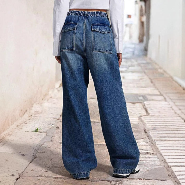 Women's Wide Denim Pants with Elastic Waist and High Pockets Lune London