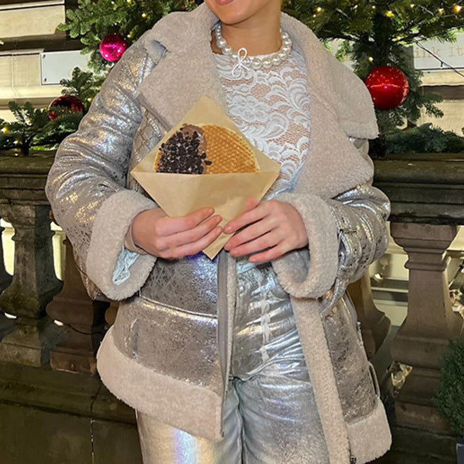 Fashionable women’s transitional jacket with luxurious faux fur trim and shiny surface Lune London
