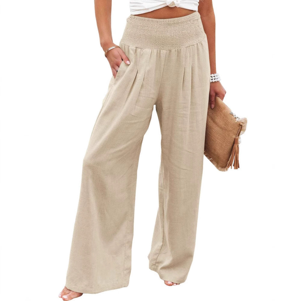 Women's Wide Linen Trousers with Elastic Waistband and Pleats Lune London