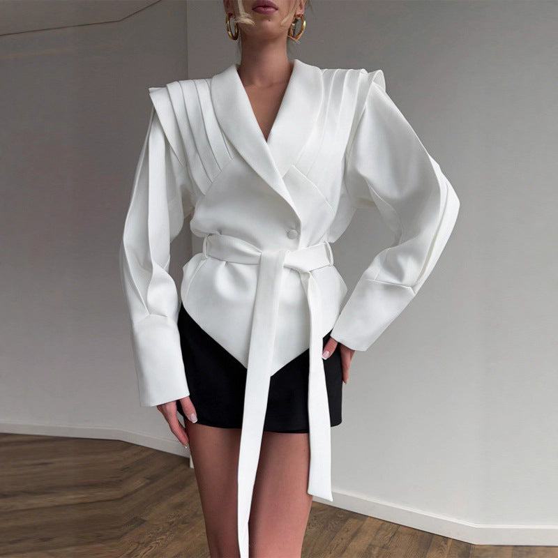 Ladies Elegant Jacket with Textured Details and Waist Belt Lune London