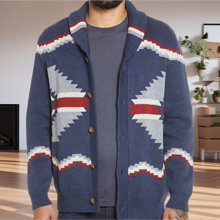 Men's knit jacket with modern ethnic design featuring practical buttons Lune London