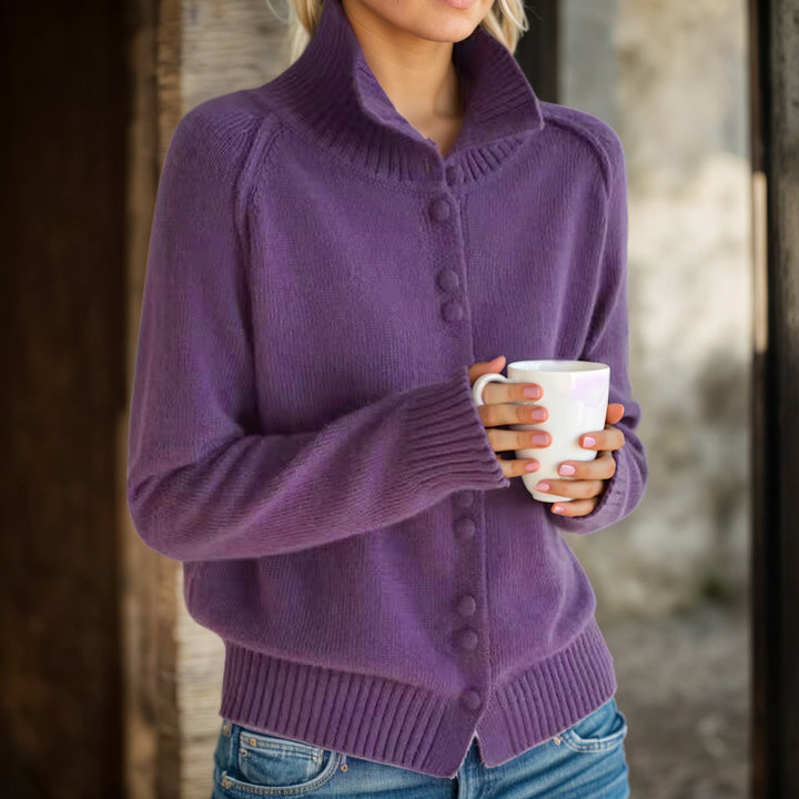 Women's knitted jacket with high collar and stylish button details Lune London