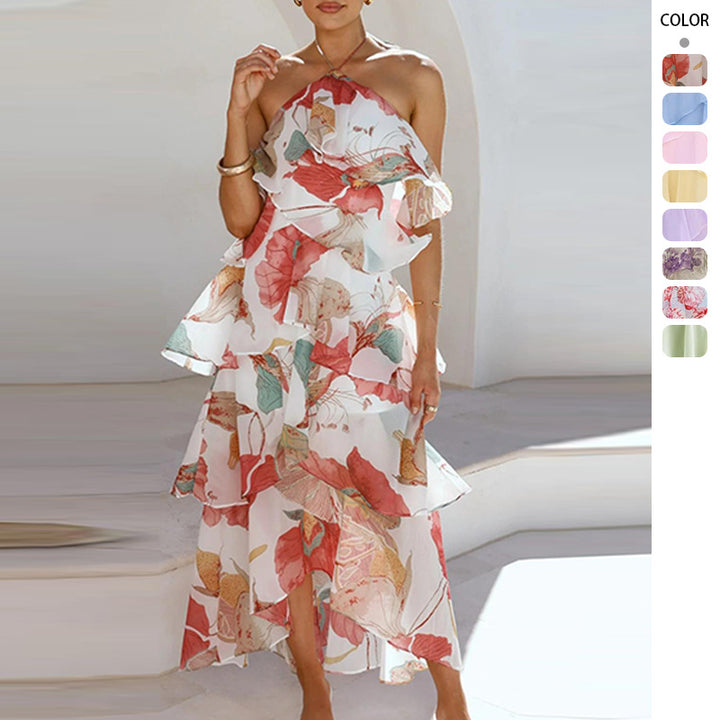 Robe maxi femme avec superposition élégante et volants floraux Chic & Stil